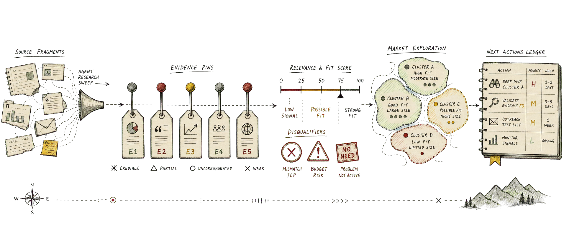 Hand-drawn process plate showing source fragments, evidence pins, relevance score, disqualifiers, market clusters, and a next-actions ledger.