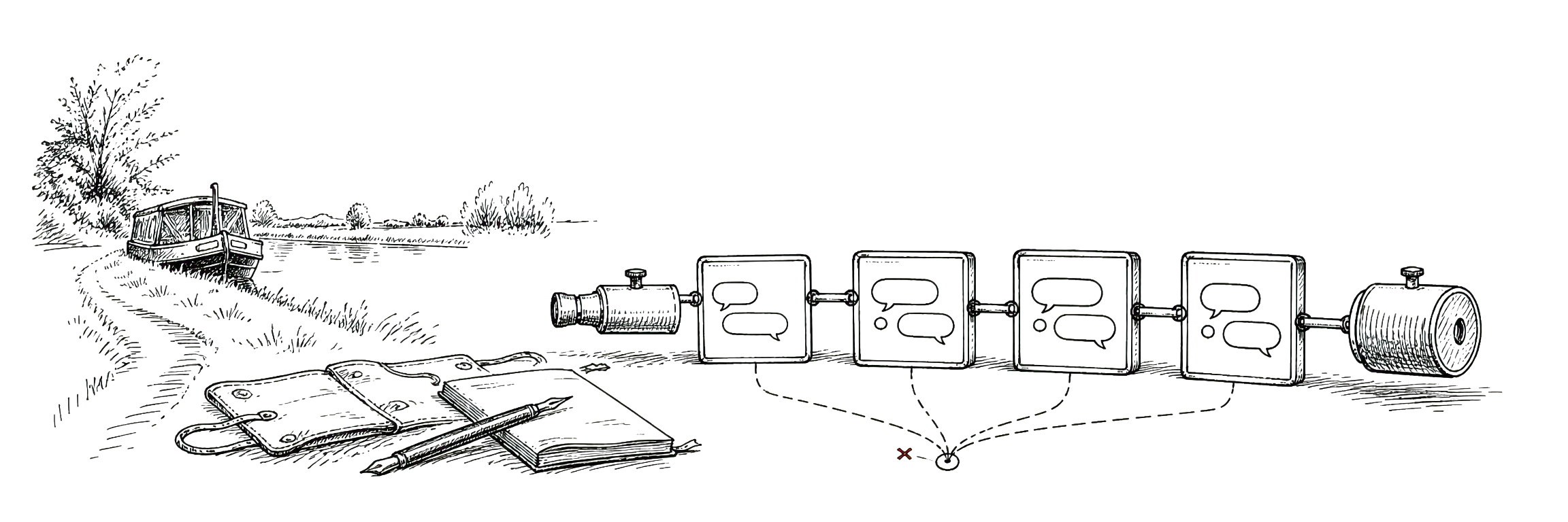 Pen-and-ink plate illustration of message stacks, scroll anchors, and old formatting codes.