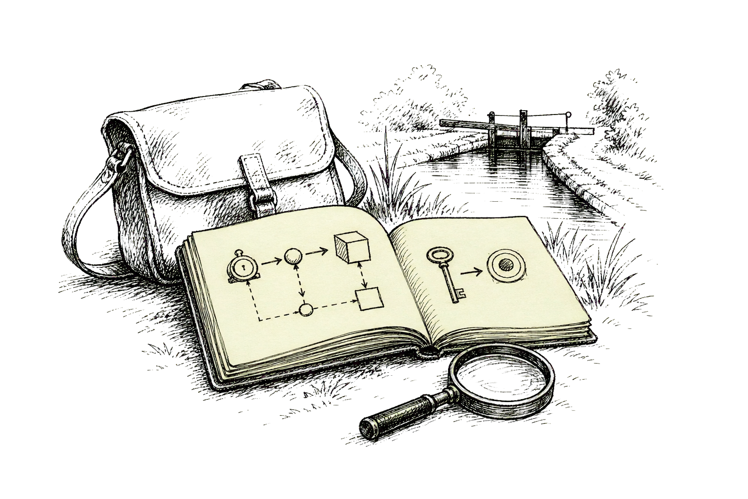 Hand-drawn notebook detail plate showing credential flow, forbidden prompt, and evidence cards.