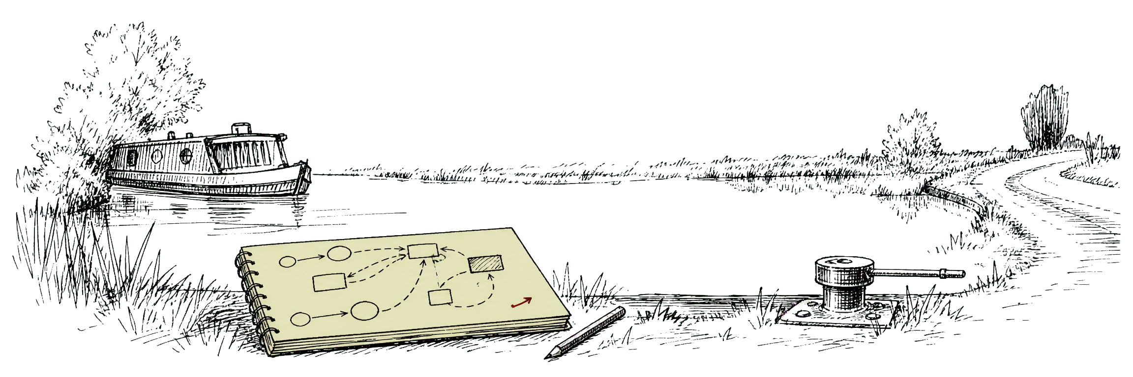 Pen-and-ink plate illustration of utterance blocks, waveform timing, and branching edits.