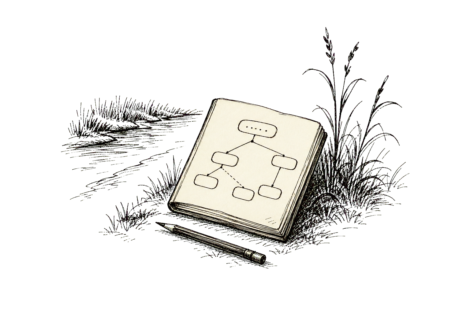 Hand-drawn notebook detail plate showing utterance blocks, waveform timing, and branching edits.