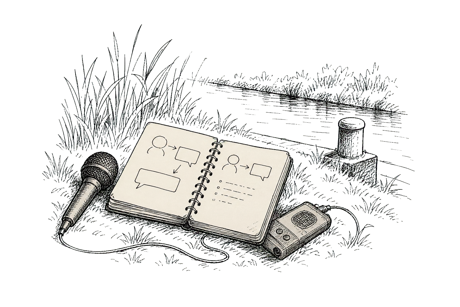 Hand-drawn notebook detail plate showing question cards, transcript ribbons, and synthesis notes.