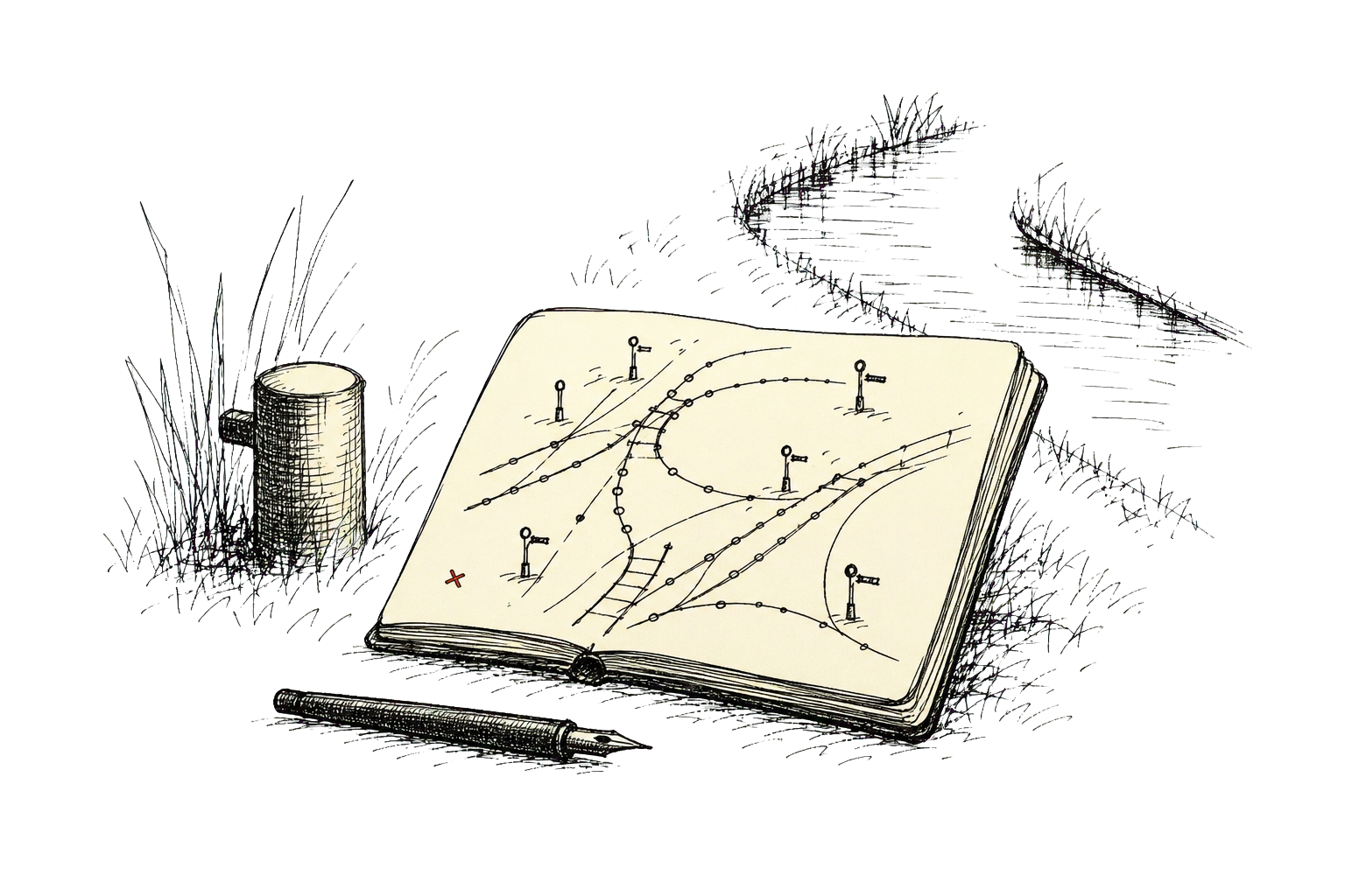 Hand-drawn notebook detail plate showing rail junctions, train dots, and timetable event streams.