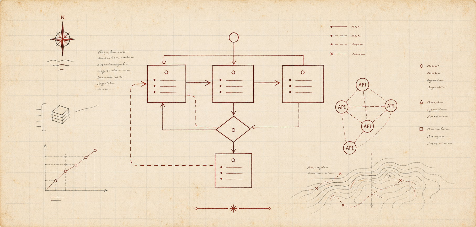 Hand-drawn journal diagram with agent loops, API nodes, and contour notes