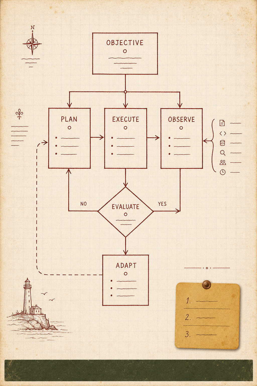 Hand-drawn oxblood agent orchestration diagram