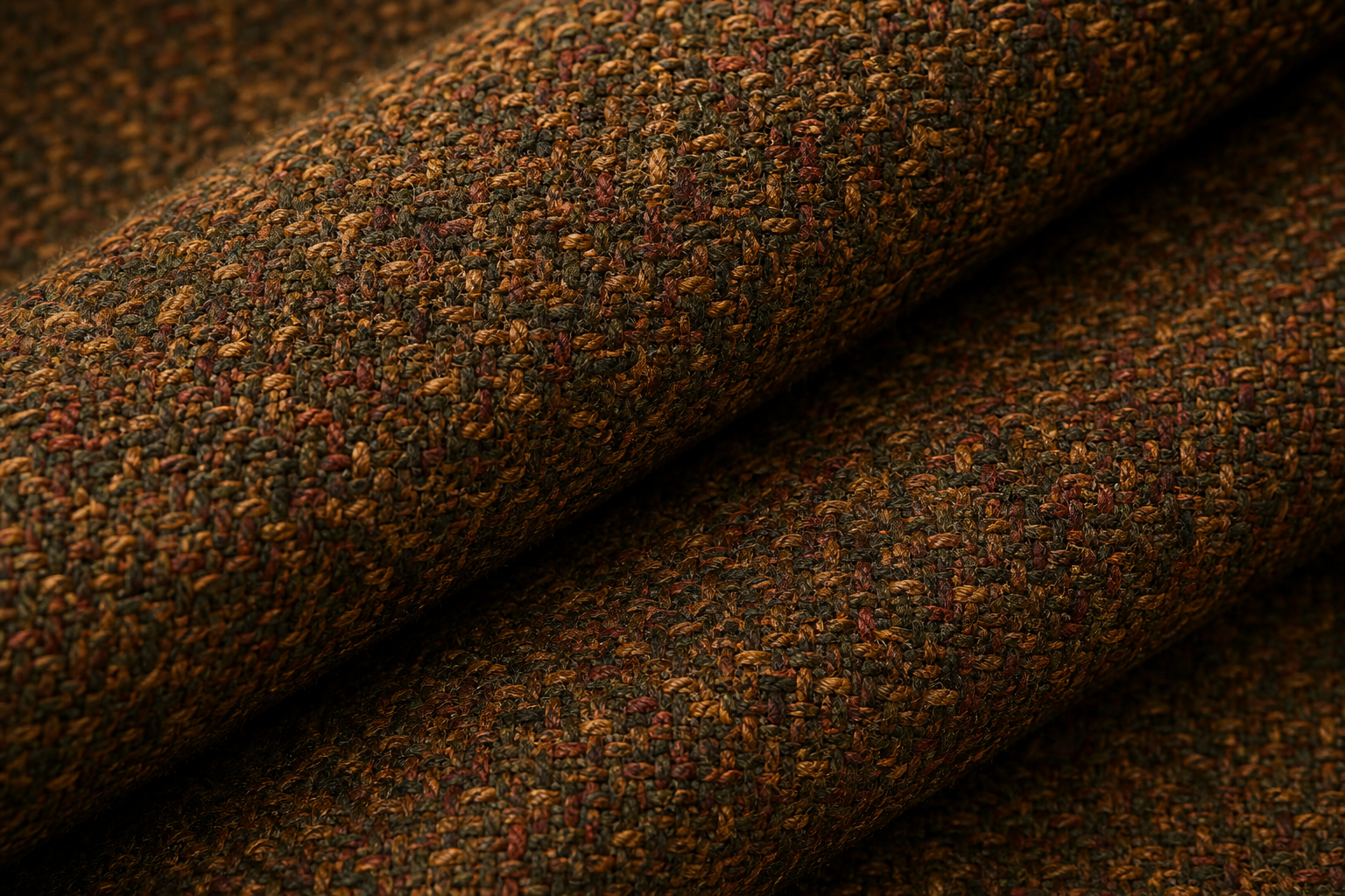 Macro photograph of russet and loden wool tweed