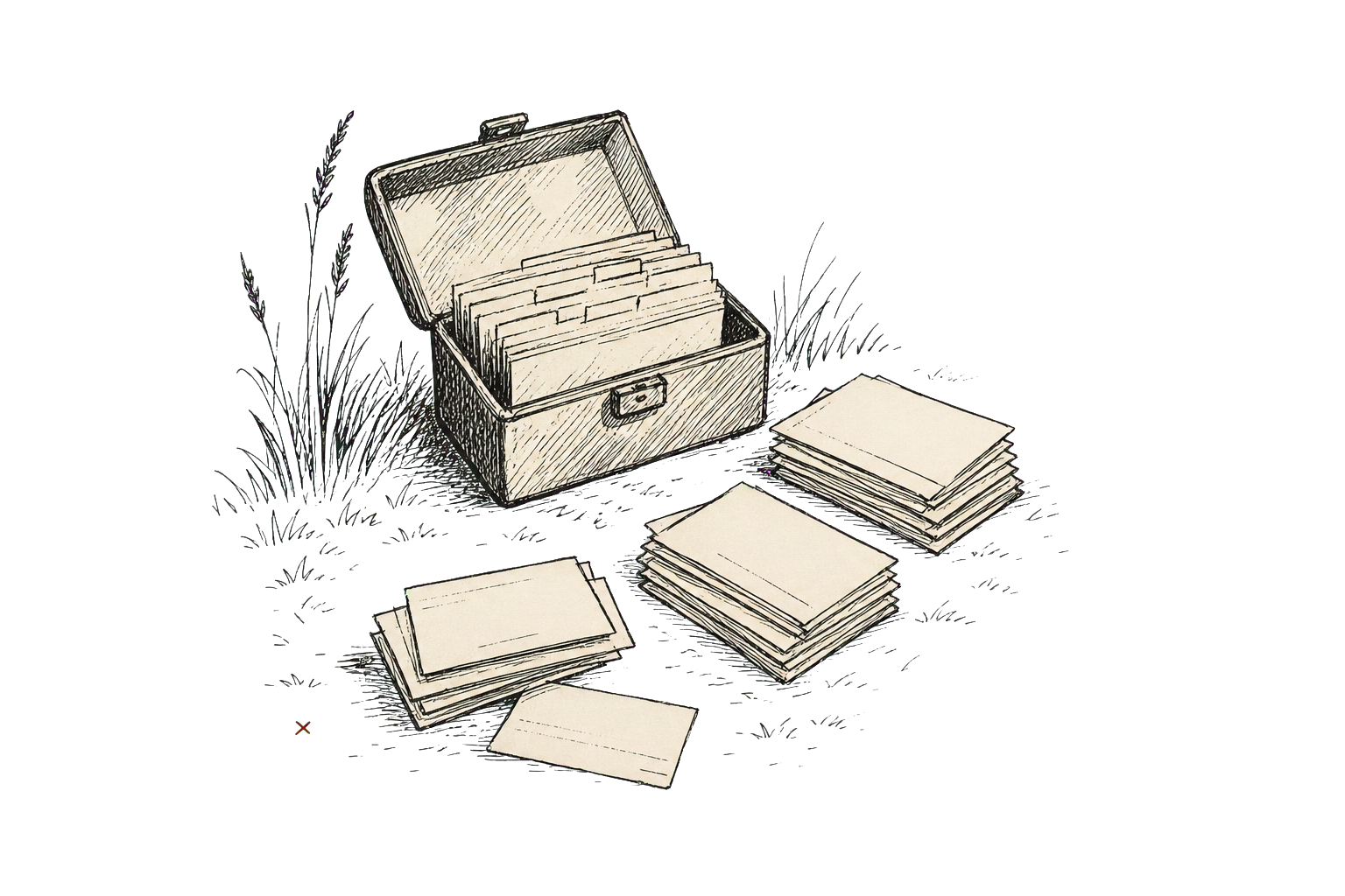 Pen-and-ink address book cards with a merge line between duplicate contacts.