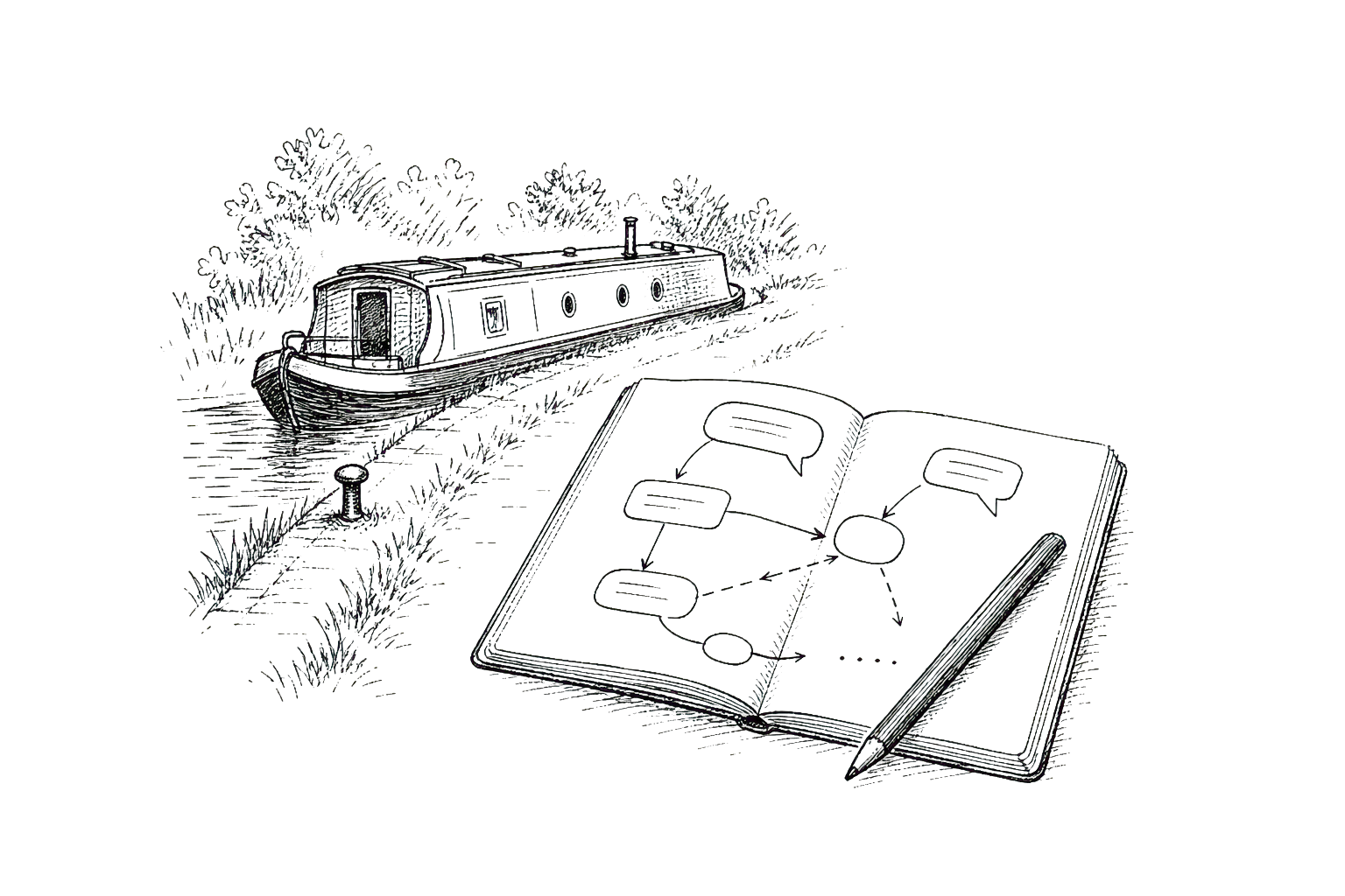 Pen-and-ink waveform with turn bubbles and a playback loop.