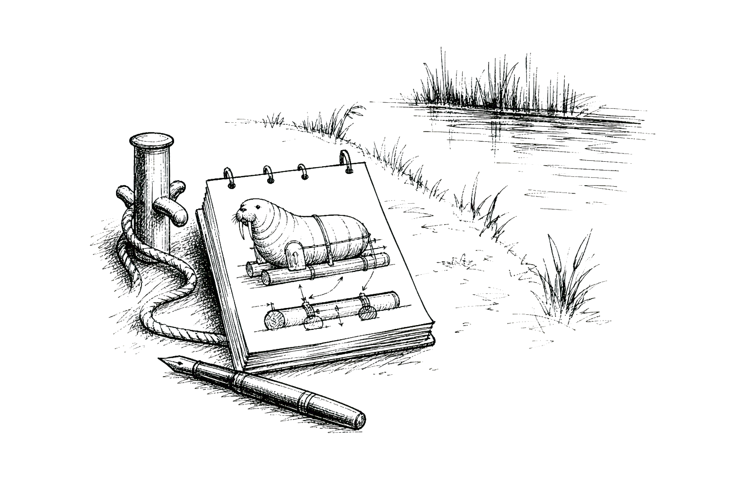 Pen-and-ink publishing path from notes to decentralized storage blocks.