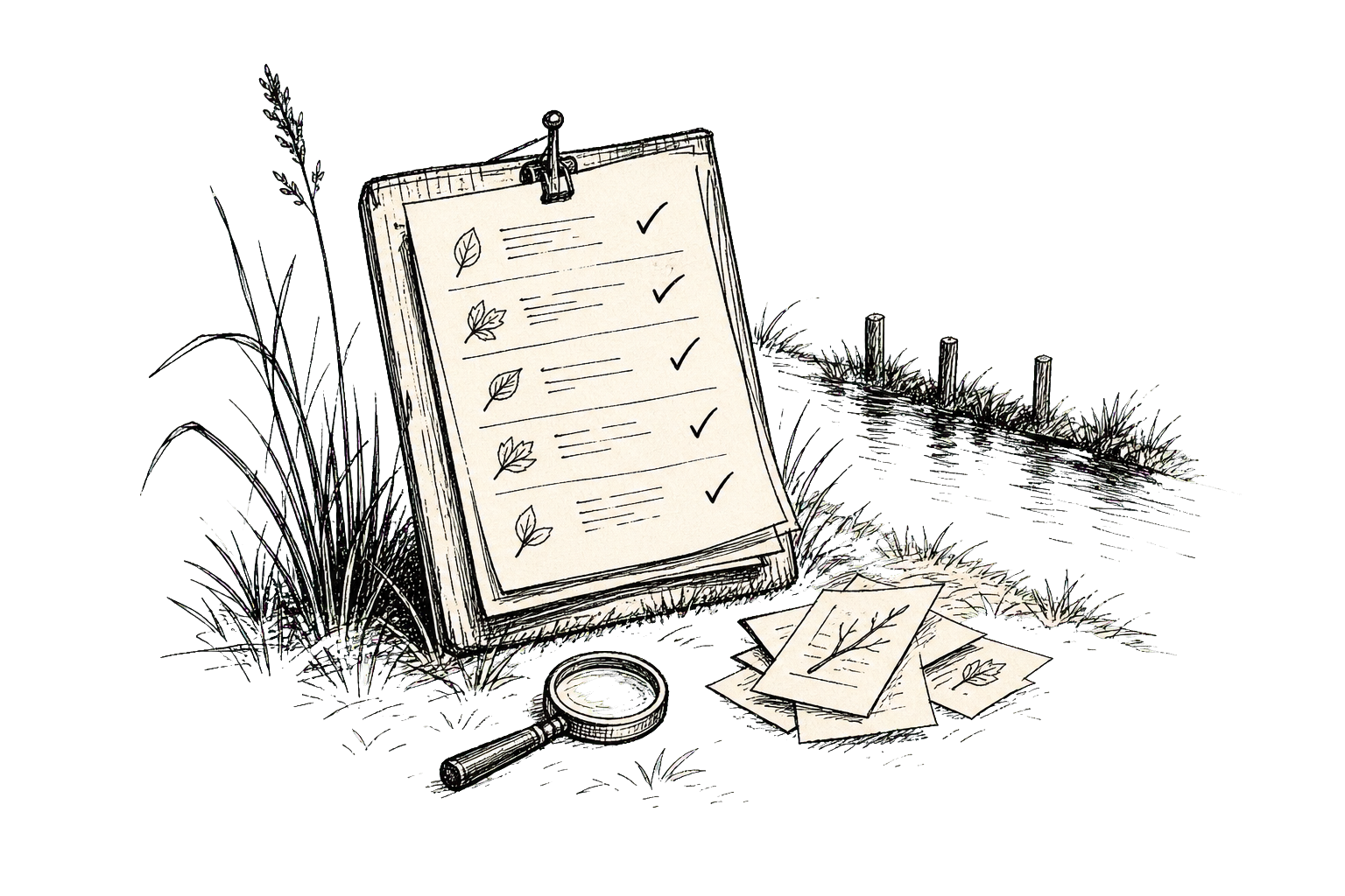 Pen-and-ink security review plate with a scan lens, shield outline, and checklist marks.