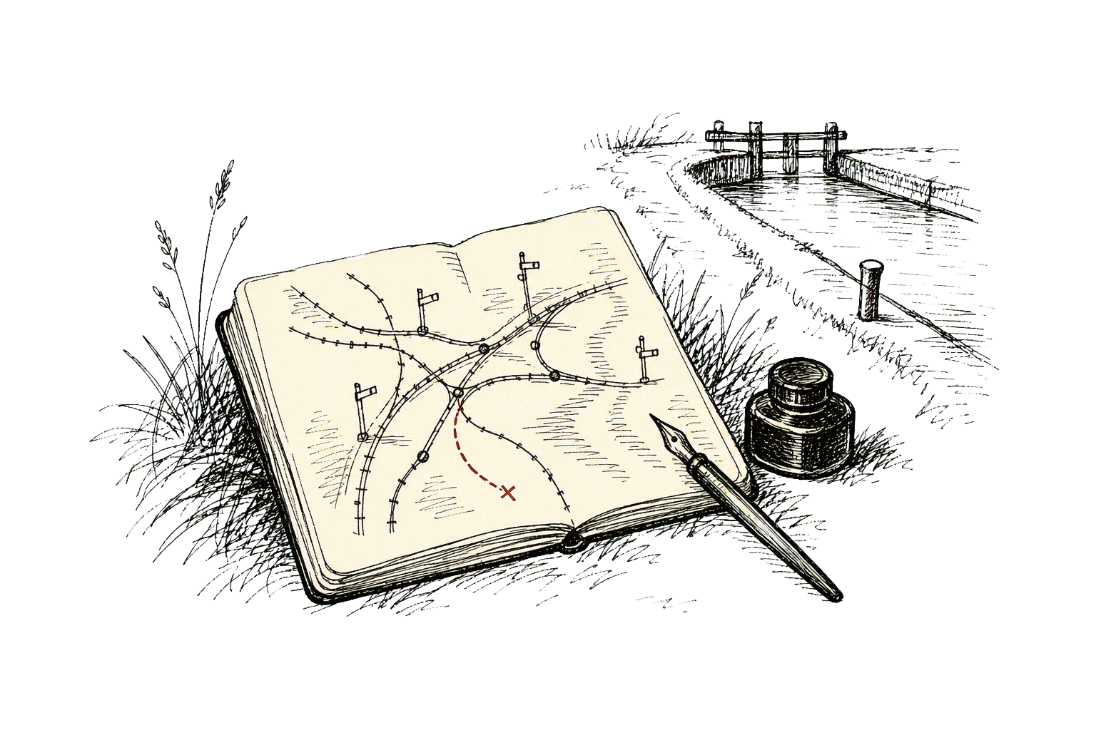 Pen-and-ink rail map with train position dots and signal traces.