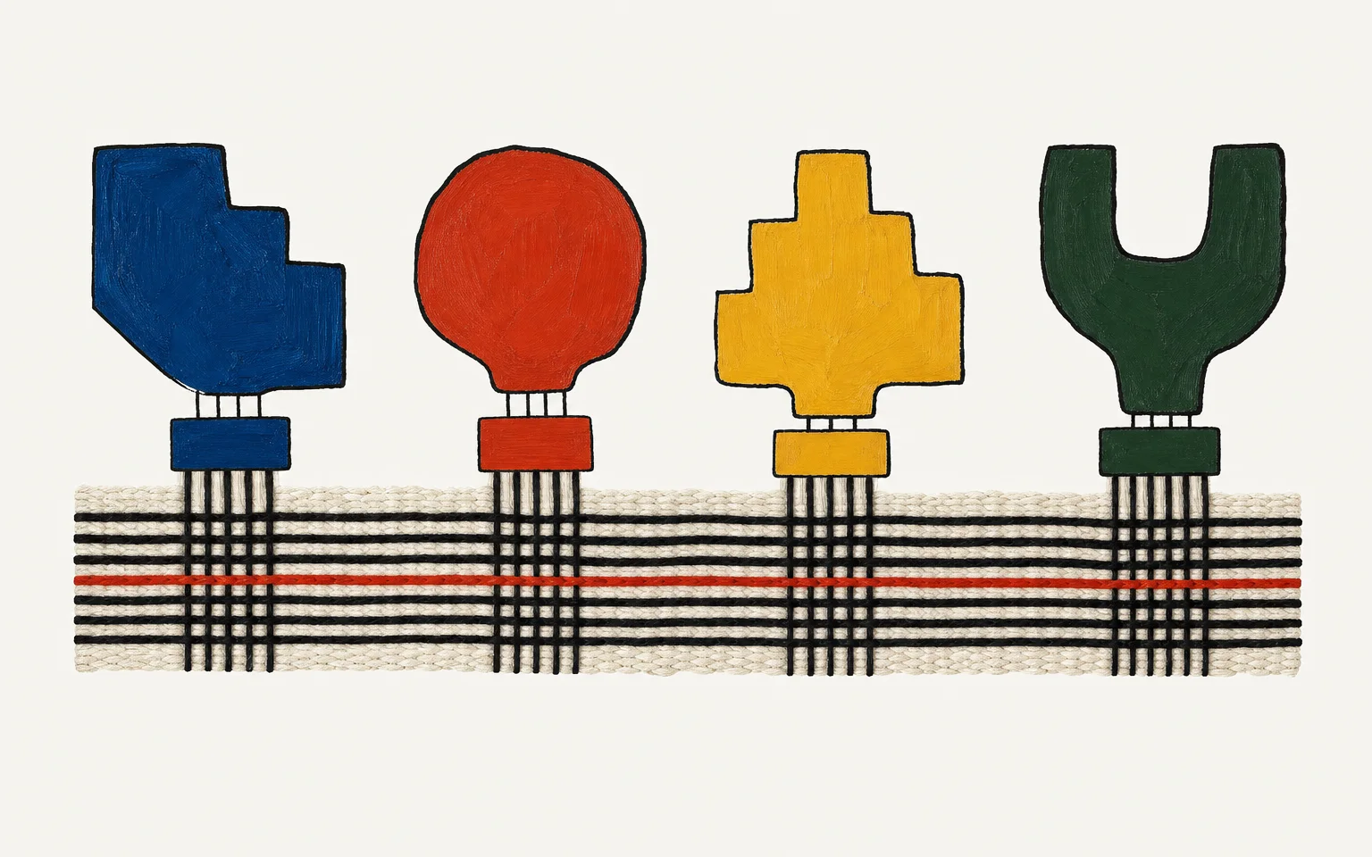 Four differently shaped protocol plugs meeting one woven record through separate adapters.