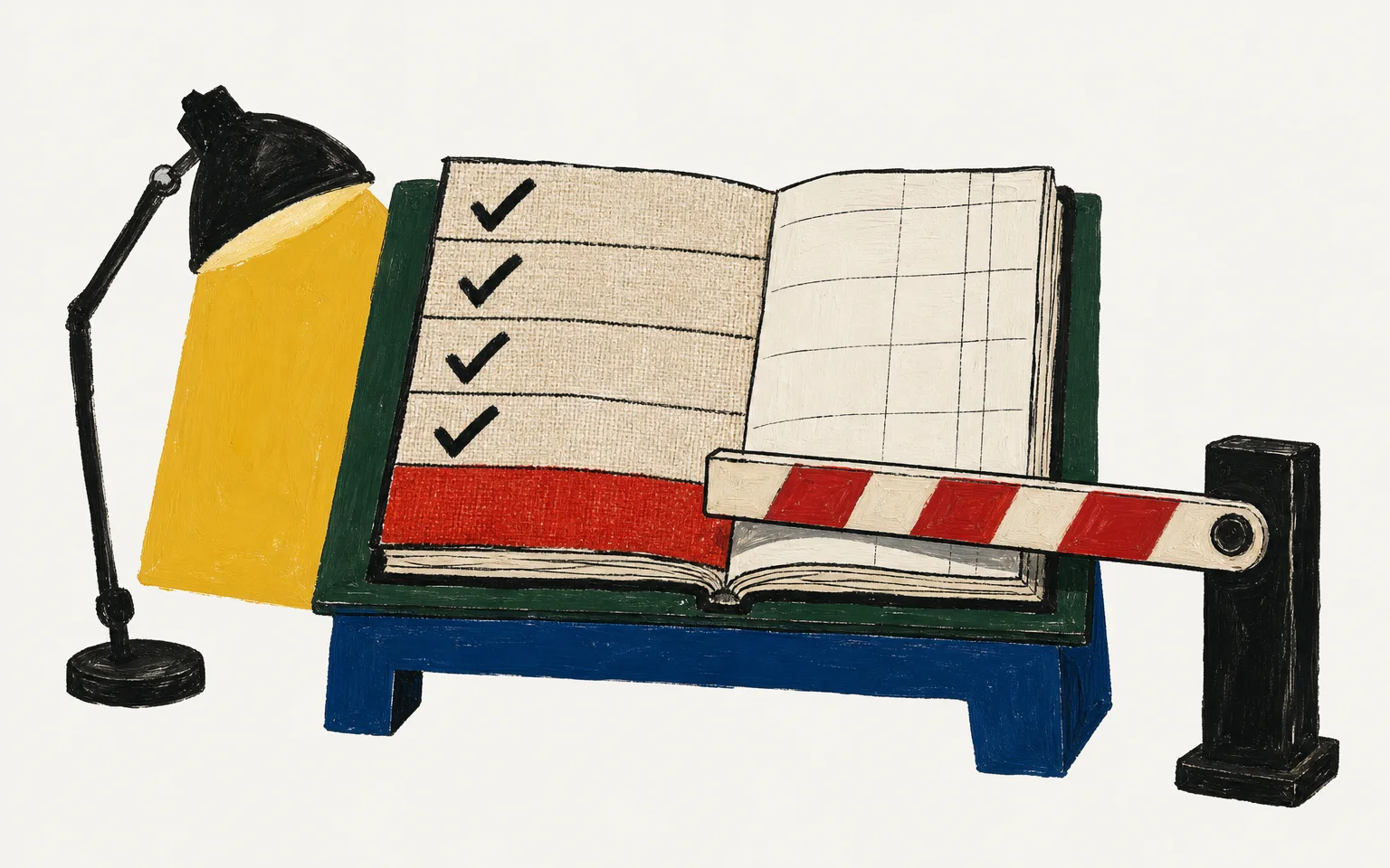 A painterly collage of an open ledger of woven rows with ink check marks, an inspector's lamp, and a stop-gate bar.