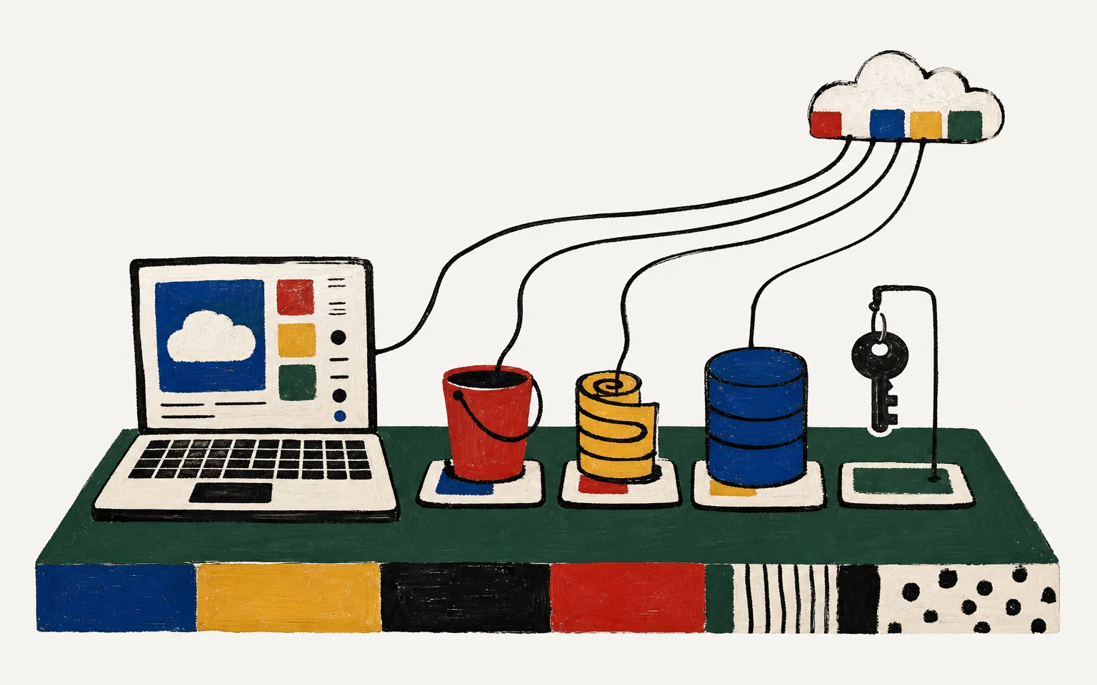 A painterly collage of a workbench holding a bucket, a queue ribbon, a database cylinder, and a key, wired to a small distant cloud.
