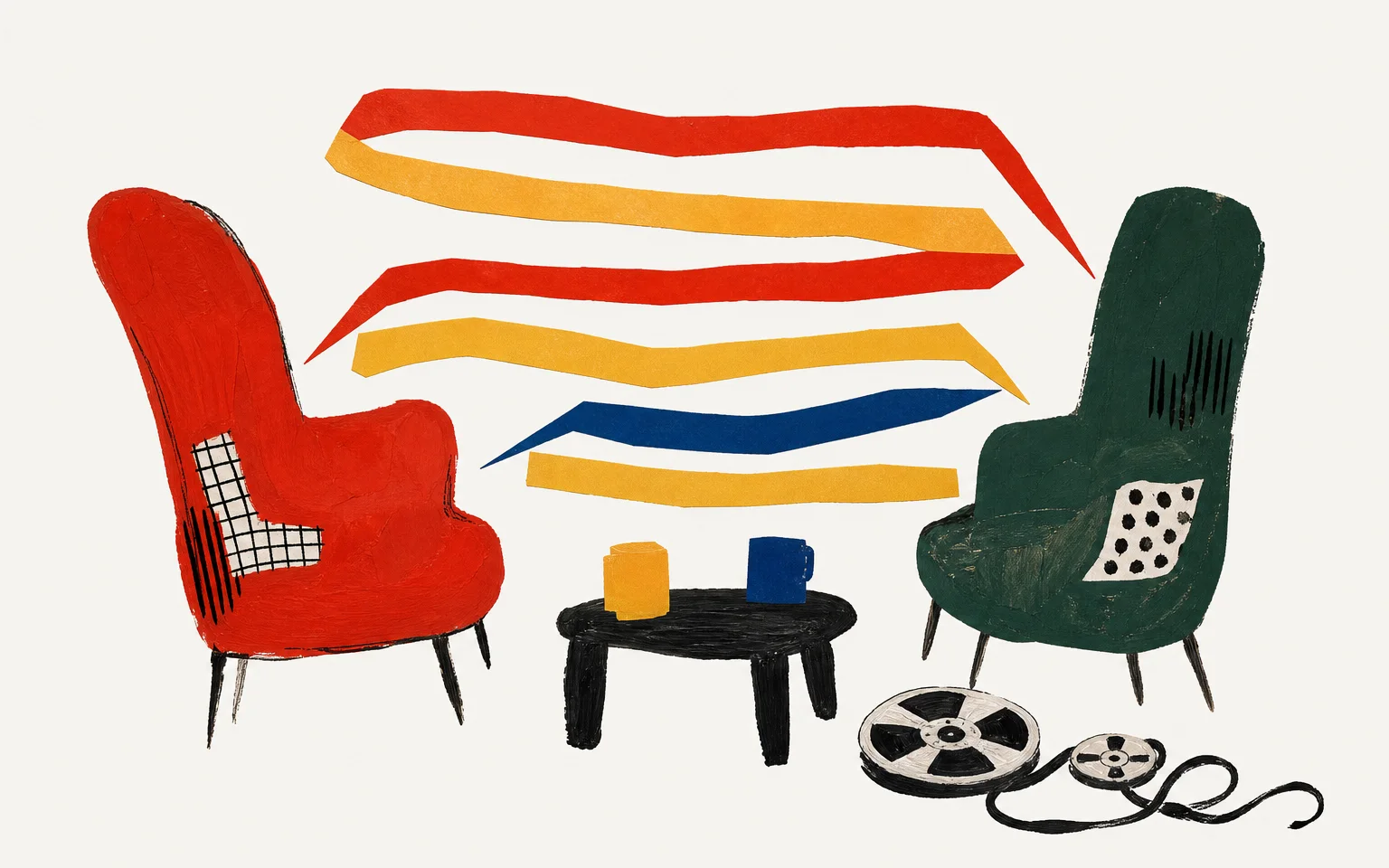 A painterly collage of two facing chairs trading question-and-answer ribbons, past a discarded reel of tape.