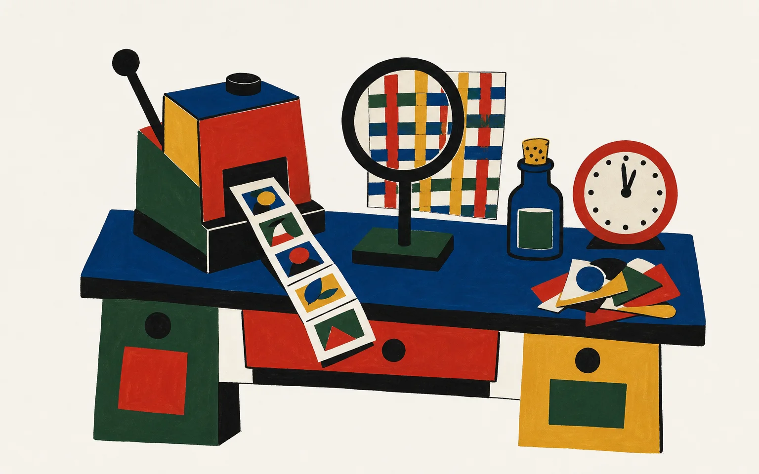 A painterly collage of a small picture-dispensing machine and a reading lens on a workbench, beside a corked bottle and a workshop clock.