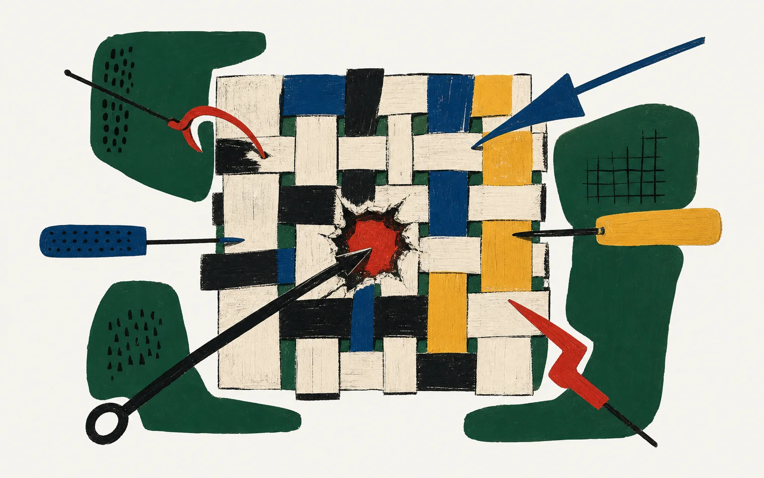 A painterly collage of a woven structure struck by probes from every angle, one reaching a red core.