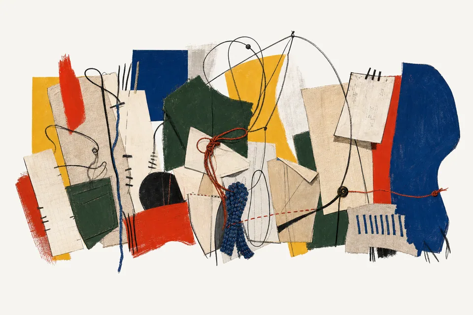 A painterly editorial collage of event records, transcript slips, work packets, and verification threads.