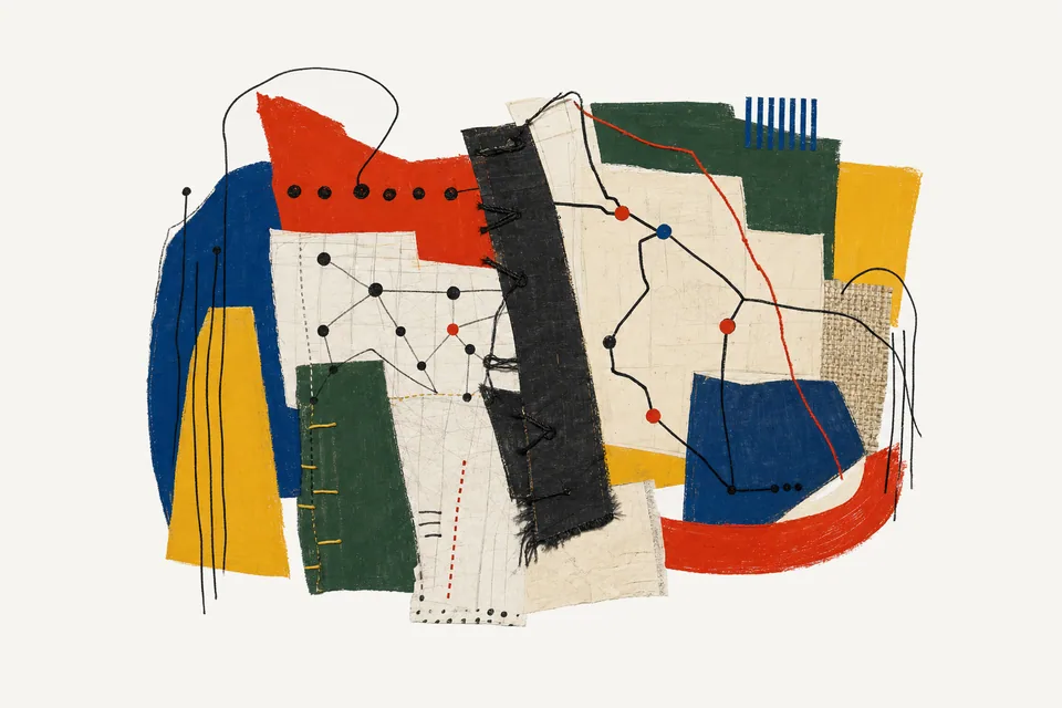 An abstract collage of railway diagrams, coloured markers and route lines.