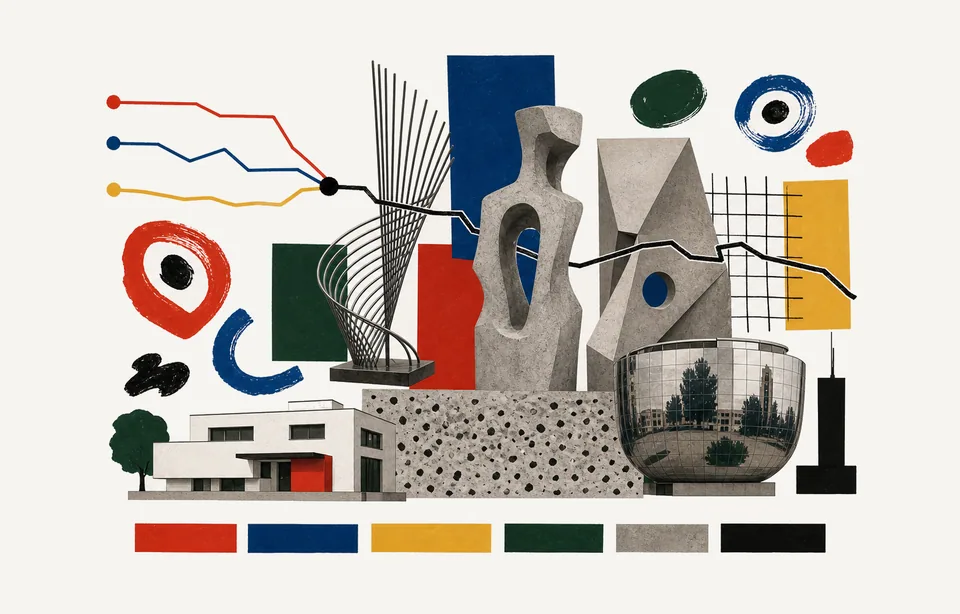 An editorial collage of Rotterdam route lines, CoBrA colour marks, Gabo-like steel ribs, a Zadkine-like hollow figure, concrete planes, a museum villa, and a mirrored depot bowl.
