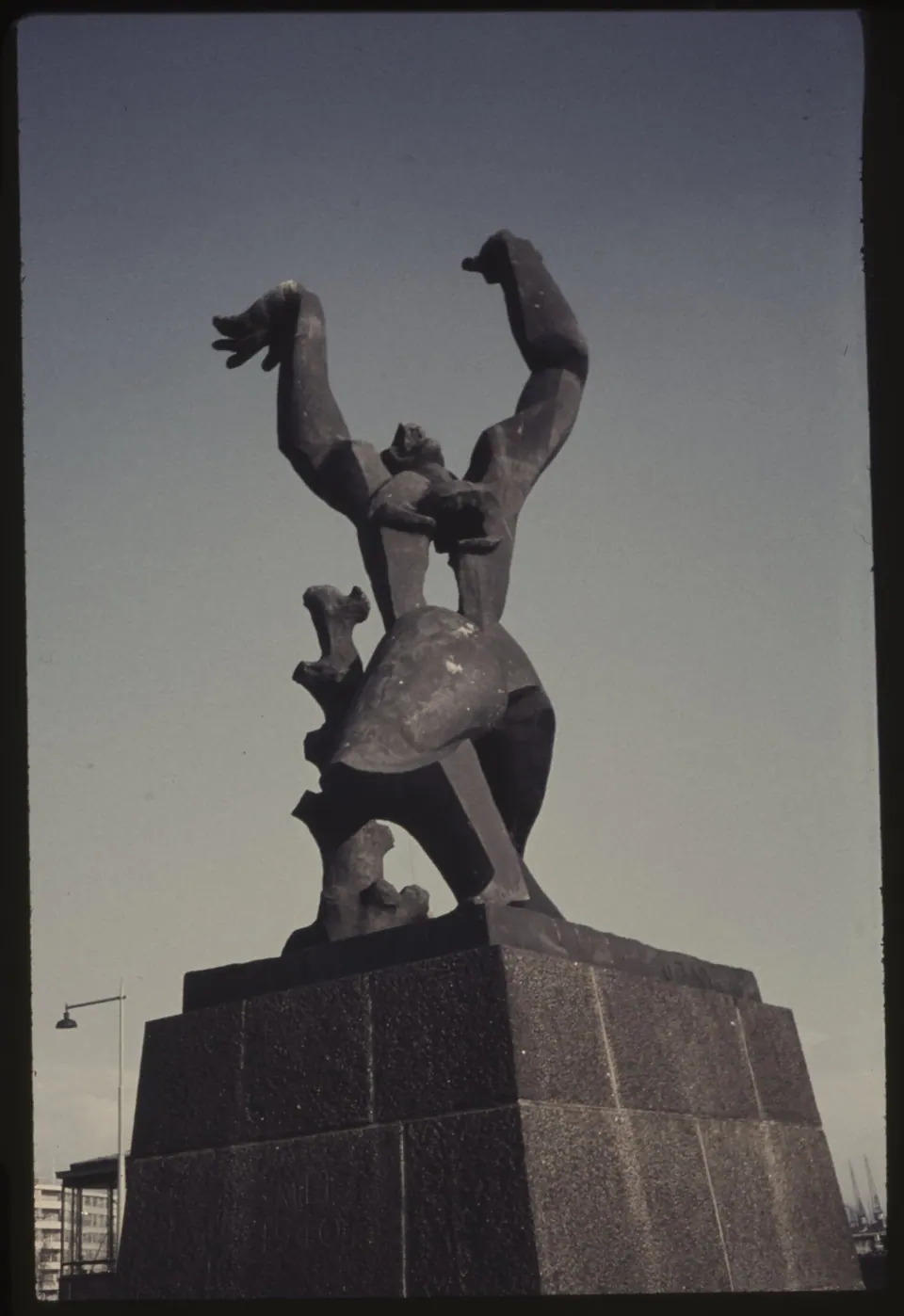 Ossip Zadkine's The Destroyed City sculpture standing in Rotterdam in 1962.