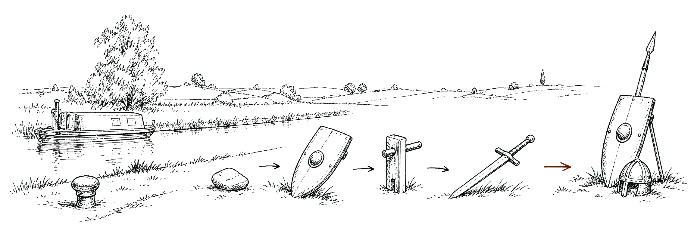 Transparent panoramic plate map drawing of Rotterdam, Britain, archival fragments, memorial marks, and a route across the North Sea.