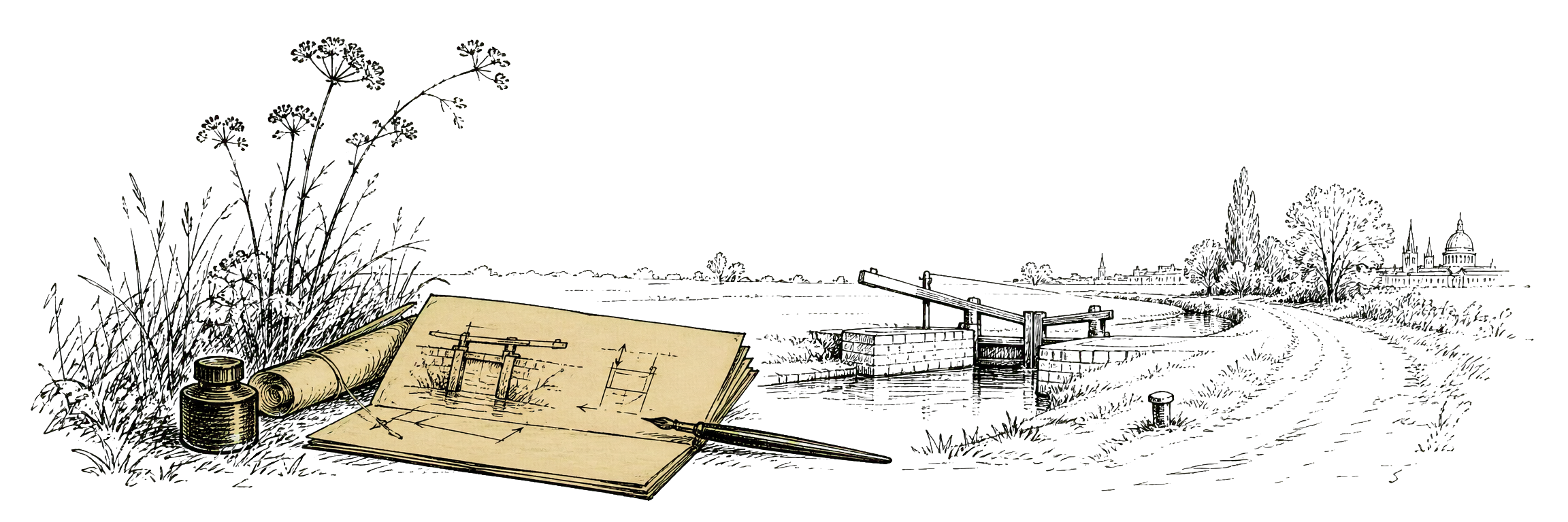 Hand-drawn canal route map with towpath, narrowboats, coffee, book, bench, weather symbols, and pauses.