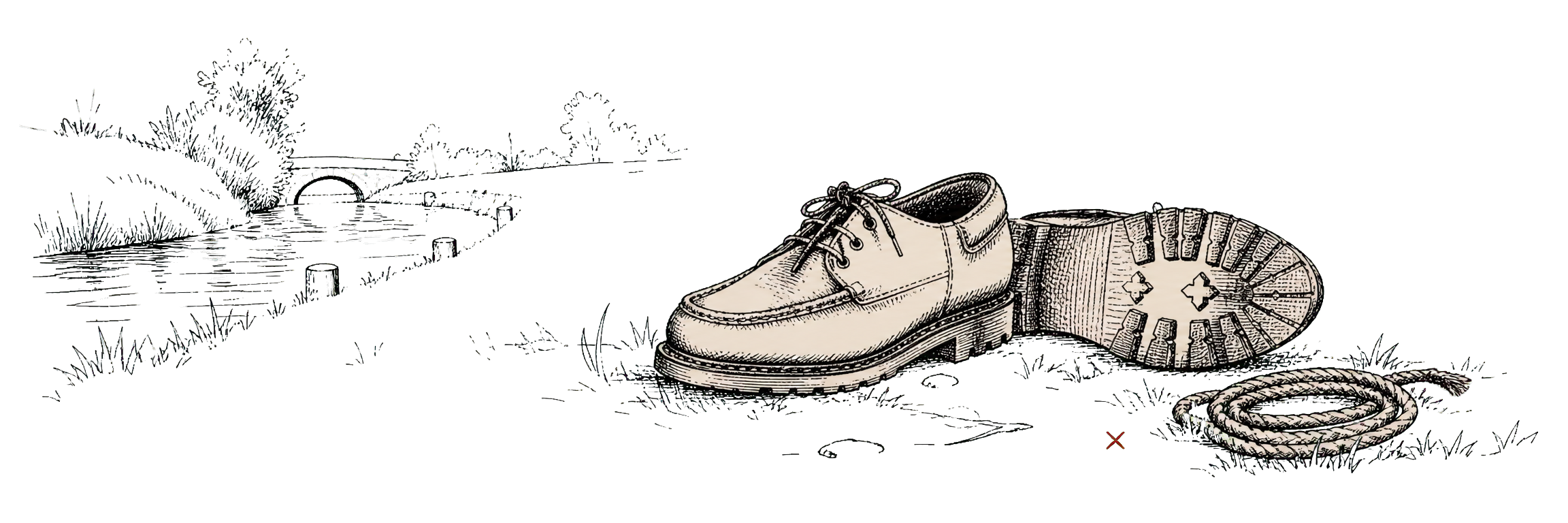 Hand-drawn shoe-engineering study with chunky silhouettes, sole cross-section, route marks, and rain hatching.