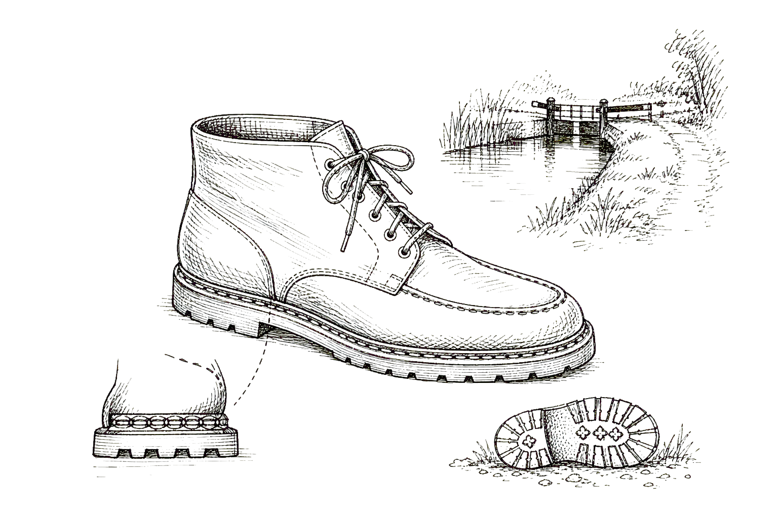 Transparent hand-drawn comparison of useful shoe silhouettes, sole constructions, wardrobe swatches, pavement fragments, and walking route marks.